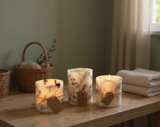 Botanical Pillar Candle: Dried Flowers, Soy Wax Blend - San Francisco Made. Custom Label available