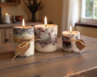 Botanical Floral Unscented Soy Wax Pillar Candle Set – Rose, Lavender, Eucalyptus & Jasmine