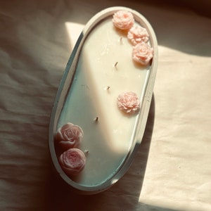 Extra Large Beeswax Candle: Handmade Oval Concrete Bowl with Floral Detail