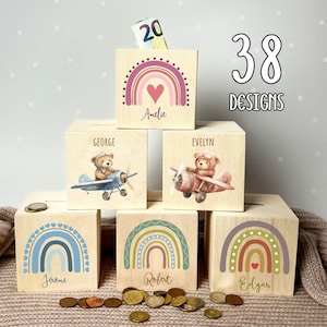 Hucha de madera personalizada con nombre, hucha personalizada para niños, animales lindos, regalo para recién nacidos, regalo de cumpleaños, día de inscripción escolar