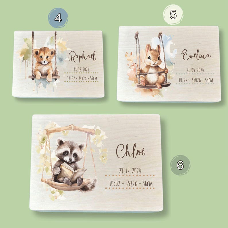 Personalized wooden keepsake box for baby’s first moments, a thoughtful birth gift for boys and girls. With beautiful design with cute baby animals- lion, squirrel and raccoon.