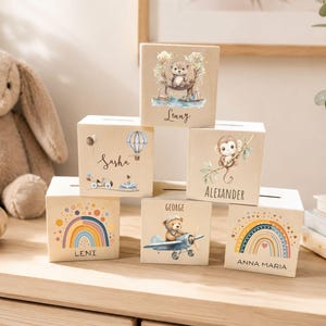 Taufe Babygeschenk Spardose mit namen, Personalisiertes Kinder Weihnachtsgeschenk für Junge Mädchen, Holz einschulung Kleinkind Geschenk