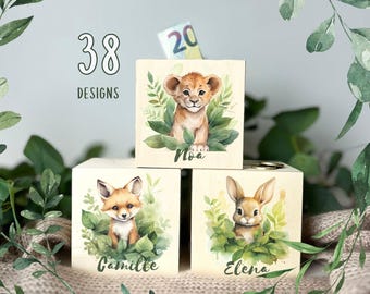 Personalized wooden piggy bank with name, custom money box for boys girls, cute animals, newborn gift, birthday present, baptism angel bear
