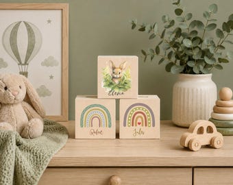 Wooden money box with name, piggy bank for toddler, personalized money bank girl boys birthday gift, coin box with cute animal babies