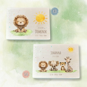 Custom engraved baby keepsake box, ideal for storing hospital bracelets, first teeth, and precious memories. With cute tropic baby animals- lion, elephant, giraffe and jaguar.