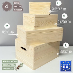 May include: Four wooden storage boxes of varying sizes, stacked. The smallest box is 20x15x10.5 cm, and the largest is 40x30x23 cm. The boxes are made of natural wood and labeled with sizes. The image also includes the text "Made in EU."