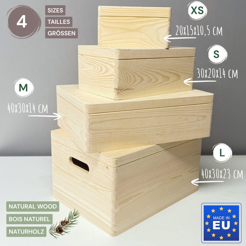 May include: Four wooden storage boxes of varying sizes, stacked. The smallest box is 20x15x10.5 cm, and the largest is 40x30x23 cm. The boxes are made of natural wood and labeled with sizes. The image also includes the text "Made in EU."