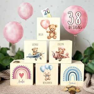 Taufe Babygeschenk Spardose mit namen, Personalisiertes Kinder Weihnachtsgeschenk für Junge Mädchen, Holz einschulung Kleinkind Geschenk