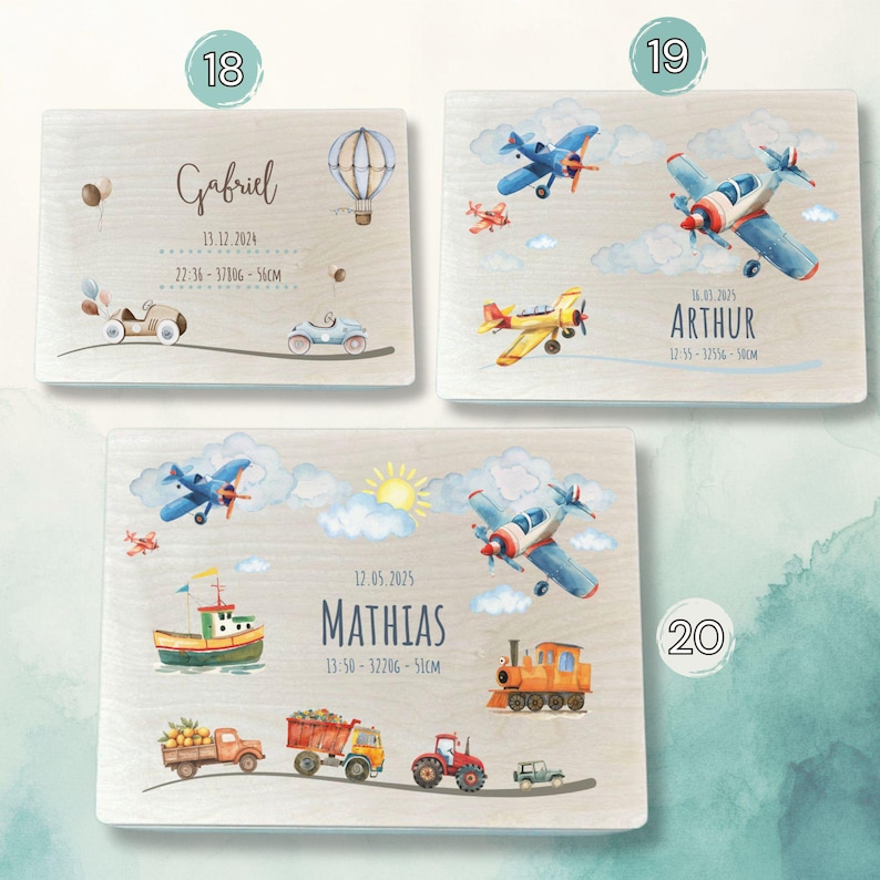 Personalized wooden baby memory boxes for boys – custom designs with airplanes, vintage cars, boat, tractor and birth stats – keepsake box with name and date.