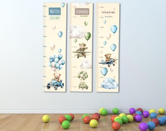 Wooden Wall Height Ruler for Kids, Personalized Growth Chart with Bears, Balloons, Planes