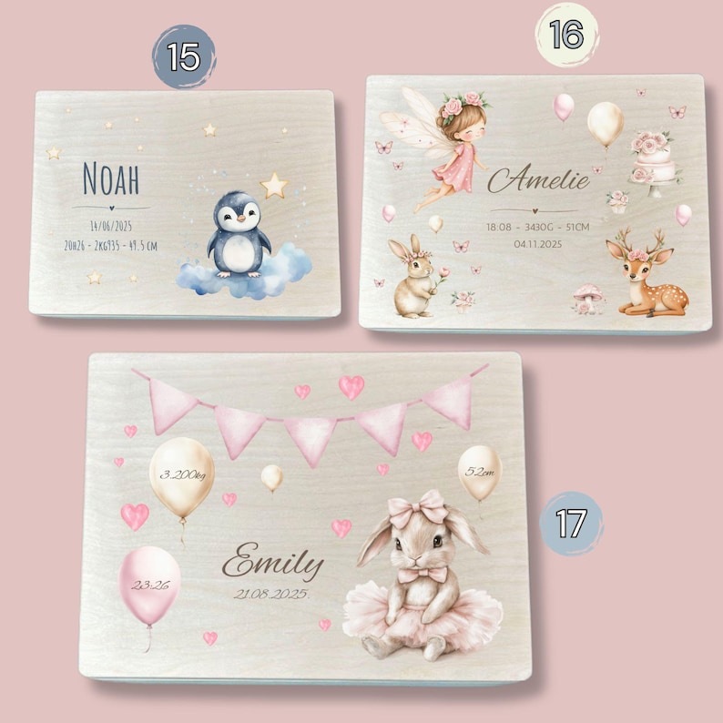 Personalized wooden baby memory boxes for girls – custom designs featuring pink bunny, fairy, deer, penguin, balloons and birth stats – keepsake box with name and date.