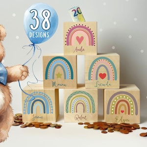 Personalisierte Spardose aus Holz, Taufe Babygeschenk Junge Geburt Sparbüchse mit namen Schulanfang geschenk Igel Otter Fuchs Bär Regenbogen