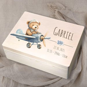 Caja de recuerdos personalizada para recién nacidos con nombre, recuerdo de madera personalizado para recién nacidos, regalo de reliquia para el nacimiento de una niña o un niño, osos adorables únicos