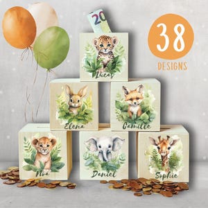 Hucha de madera con nombre, alcancía para niños pequeños, hucha personalizada para regalo de cumpleaños de niñas y niños, caja de monedas con lindos bebés animales