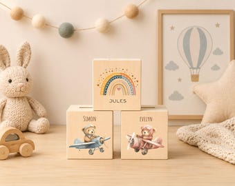 Wooden money box with name, piggy bank for toddler, personalized money bank girl boys birthday gift, coin box with cute animal babies