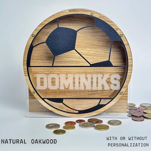 Cofrinho de futebol de madeira personalizado, presente de aniversário para crianças, cofrinho de madeira com nome personalizado, cofrinho de madeira transparente com letras do alfabeto