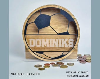 Personalized Football Piggy Bank, Custom Name Oak Coin Bank