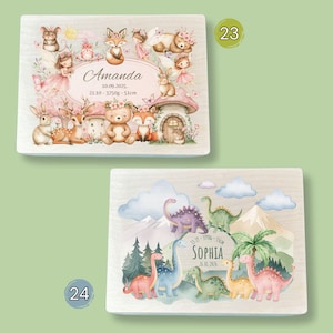 Personalized wooden memory boxes for kids – custom designs with woodland animals, fairies, dinosaurs and baby birth stats – name keepsake boxes for girls and boys.