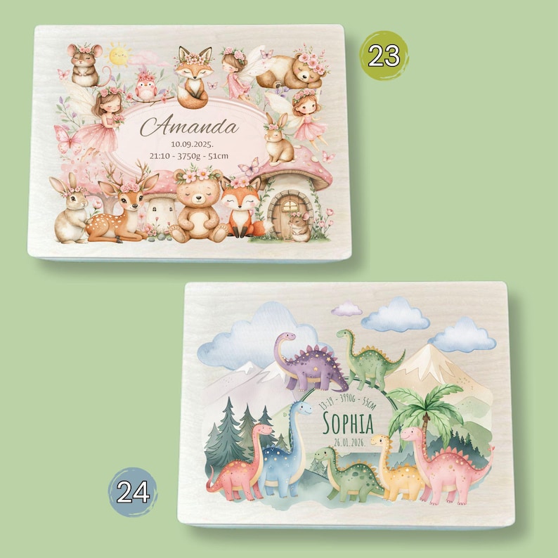 Personalized wooden memory boxes for kids – custom designs with woodland animals, fairies, dinosaurs and baby birth stats – name keepsake boxes for girls and boys.