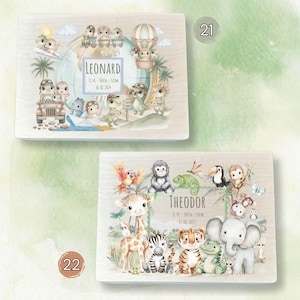 Custom wooden baby memory boxes with safari animals and travel dinosaurs – personalized keepsake boxes for boys and girls with name, birth stats and nursery decor design.