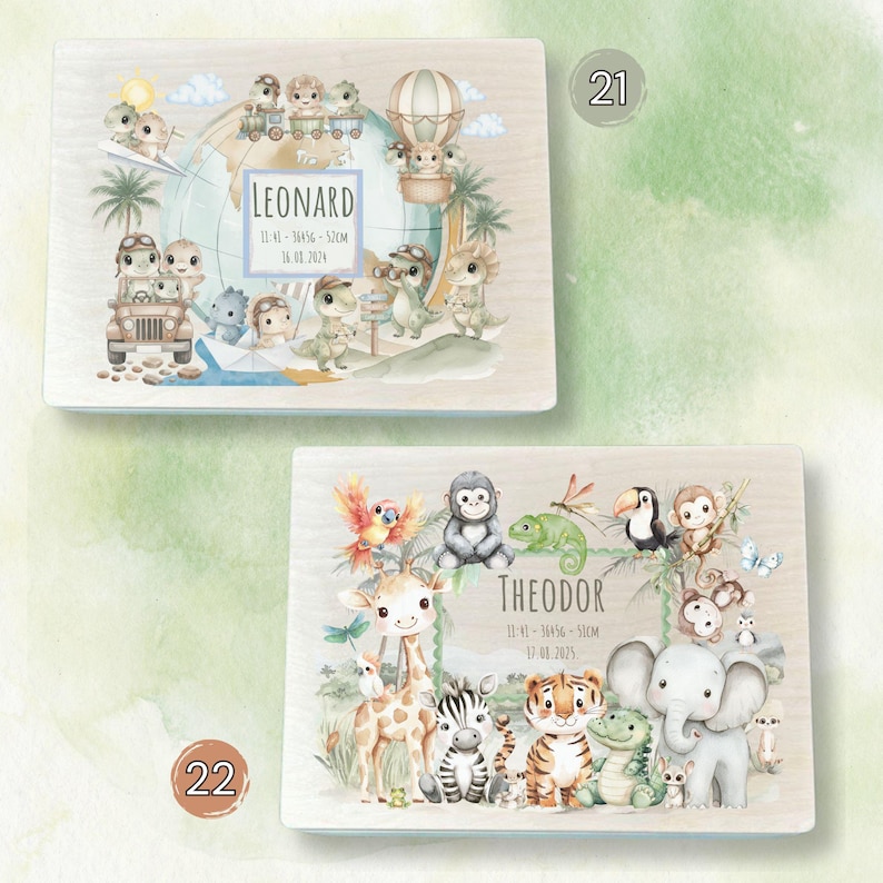 Custom wooden baby memory boxes with safari animals and travel dinosaurs – personalized keepsake boxes for boys and girls with name, birth stats and nursery decor design.