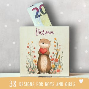 Hucha de madera con nombre, hucha para niños pequeños, hucha personalizada para regalo de cumpleaños de niña y niño, caja de monedas con lindos animales bebés, nutria
