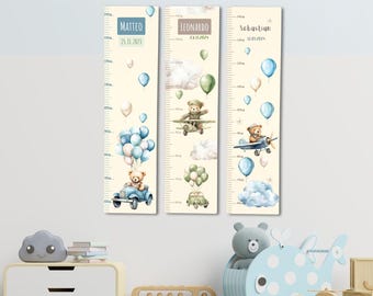 Wooden Wall Height Ruler for Kids, Personalized Growth Chart with Bears, Balloons, Planes