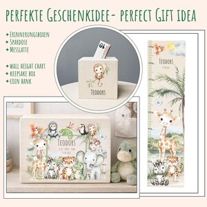 Personalized wooden gift set for kids including custom name coin bank, keepsake memory box and wall height chart with safari jungle animals design, giraffe, elephant, monkey and parrot illustration, nursery decor gift idea, engraved wooden money box and growth chart for baby boy room.