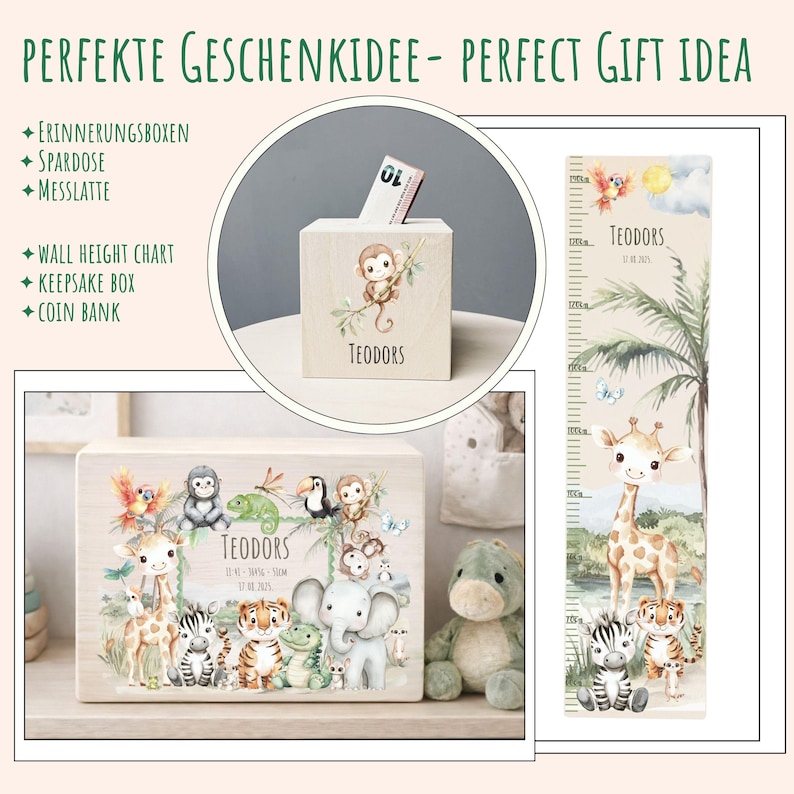 Personalized wooden gift set for kids including custom name coin bank, keepsake memory box and wall height chart with safari jungle animals design, giraffe, elephant, monkey and parrot illustration, nursery decor gift idea, engraved wooden money box and growth chart for baby boy room.