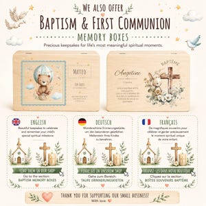 Personalized baptism and first communion memory boxes with wooden keepsake designs for boys and girls, Christian baby keepsake gift, nursery and spiritual milestone memory box, custom wooden baptism box for children