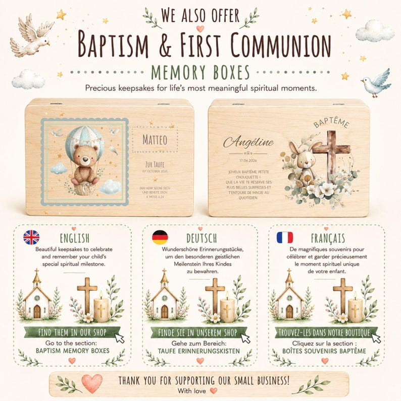 Personalized baptism and first communion memory boxes with wooden keepsake designs for boys and girls, Christian baby keepsake gift, nursery and spiritual milestone memory box, custom wooden baptism box for children