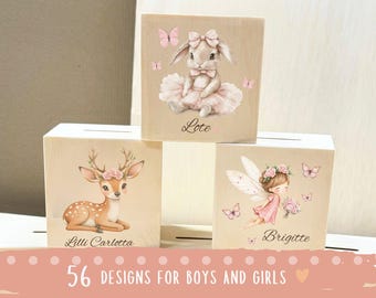 Personalized wooden piggy bank with name, custom money box for kids, newborn gift, baptism