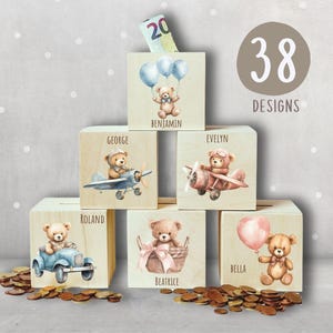 Hucha de madera con nombre, hucha para niños pequeños, hucha personalizada para regalo de cumpleaños de niña y niño, caja de monedas con lindos animales bebés, oso