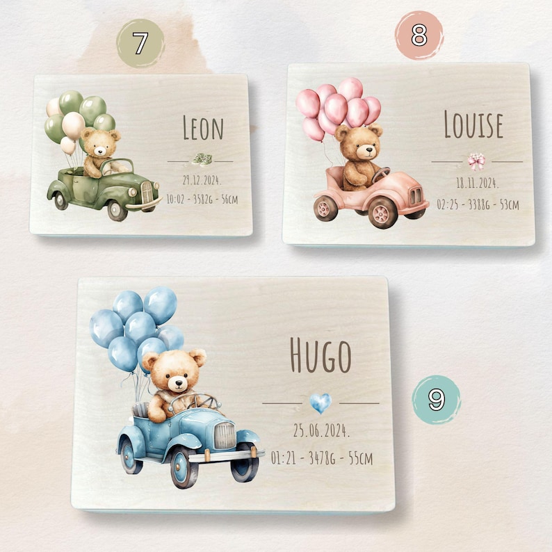 Newborn keepsake box with a cute animal design, engraved name, and space for small baby treasures. With lovely teddy bear design with green, blue, pink cars and balloons.