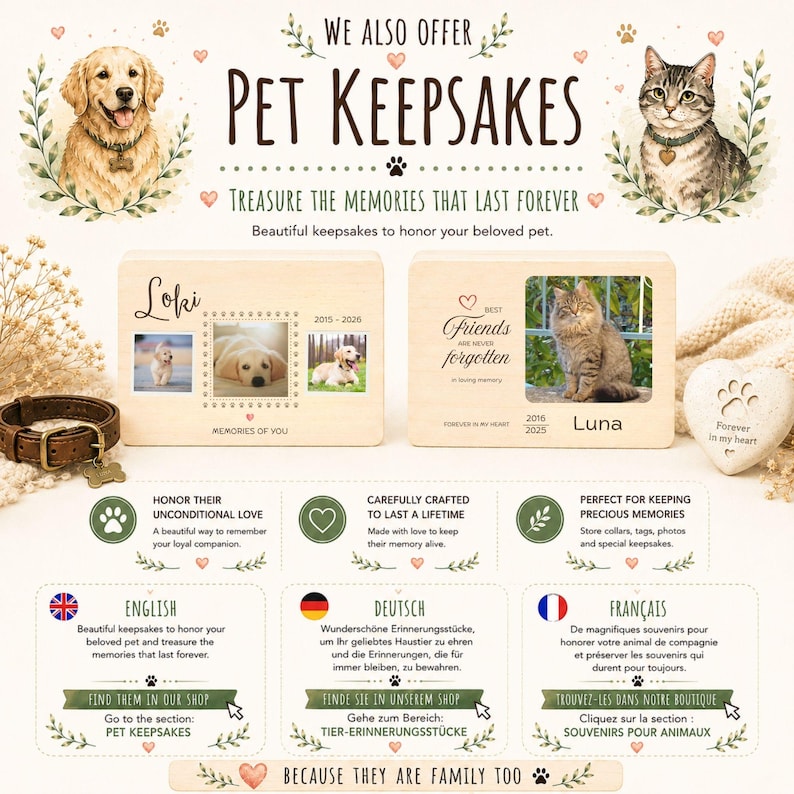 Personalized pet keepsake memory boxes for dogs and cats, wooden pet memorial box with photo, custom pet remembrance gift, dog and cat memory keepsake for preserving beloved pet memories forever