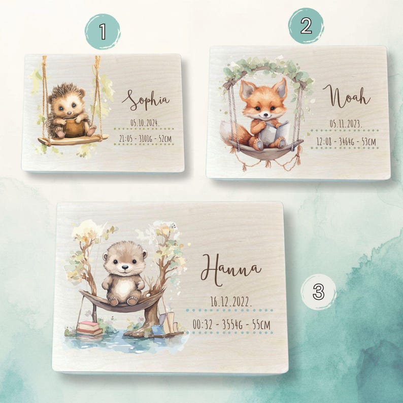 Custom baby memory box made of wood, ideal for newborns, featuring engraved name and space for treasured keepsakes. Beautiful design with cute baby animals hedgehog, fox and otter.
