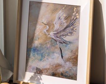 Original Flying Crane Painting Gold Leaf, Mixed Media Zen Wall Art, Celestial New Moon Spiritual Bird Canvas, Japanese Style Heron Decor