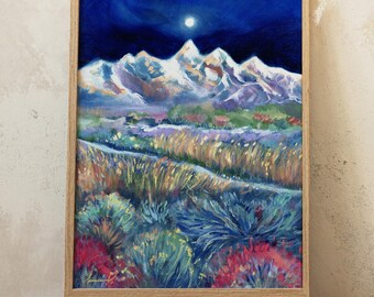 Nature Wall Decor Original Oil Painting, Mountain Landscape Art, Living Room Wall Art, Moon Wall Art, Cabin Decor