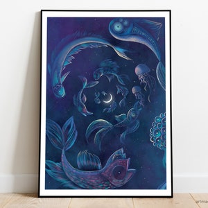 The New Moon In Pisces - Fine Art Illustration Print, Spiritual Wall Art, Spiritual Home Office Decor Gift