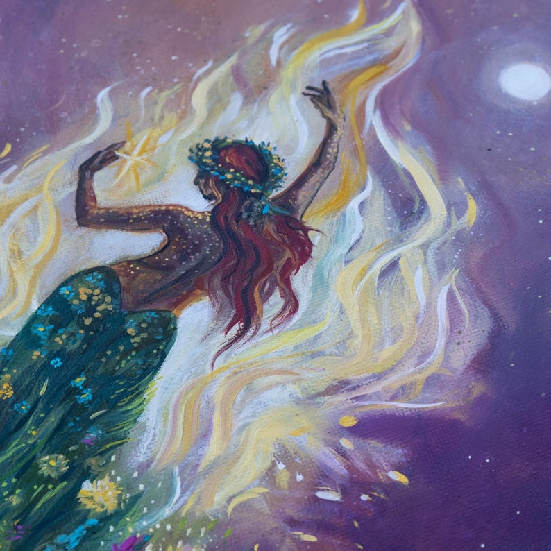May include: A painting of a woman with long red hair wearing a green and gold dress and a flower crown. She is surrounded by flames and stars, with a purple background.