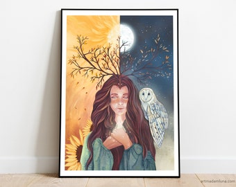 Mabon Art Print: Autumn Equinox, Pagan Witch, Owl & Sunflower