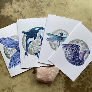 Tarjetas, Multipack de su elección / Totem Animal, Impresión con luna de oro / plata pintada a mano, Tarjetas espirituales y sobres
