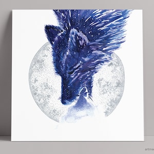 Wolf - Totem Tier, Boho Wandkunst, Fine Art Print von Original Aquarell Malerei mit handgemaltem Silbermond