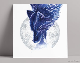 Wolf Totem Animal Print: Boho Watercolor Art with Silver Moon