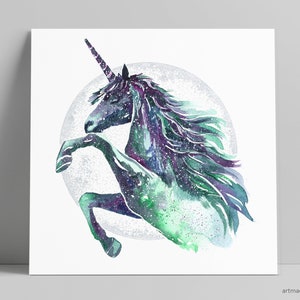 Unicorno rosa / verde - Animale totem, arte murale Boho, stampa fine art da acquerello originale con luna d'argento dipinta a mano