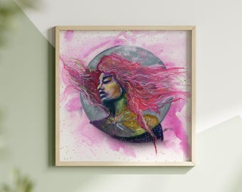 Pink Moon Girl Oil Pastel Drawing: Feminine Celestial Art (30x30cm)