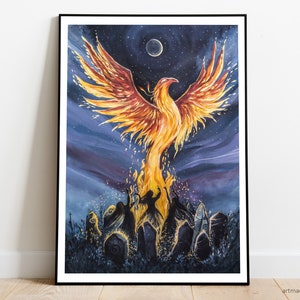 Fire - Phoenix from Original Painting - Fine Art Print with Handmade Gold Details, Witchy Home Decor, Spiritual Gift, Pagan Art,