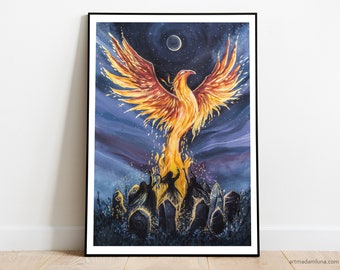Phoenix Rising Art Print: Celtic Fire, Handmade Gold Details