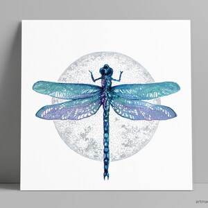 Libélula - Animal Totem, arte de parede Boho, impressão de belas artes da pintura em aquarela original com lua prateada pintada à mão