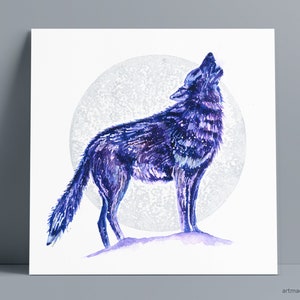 Wolf- Totem Animal, Boho Wall Art, Fine Art Print from Original Watercolor Painting with hand painted silver moon